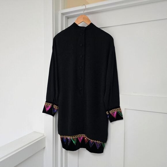 Escada Vintage 80s Mock Neck Sequin Velvet Long Sleeve Slip Dress in Black - Picture 6 of 16